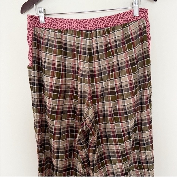 Anthropologie Plaid Floral Waistband Wide Leg Pants Pink/Brown Size 10 Cotton - Picture 7 of 10
